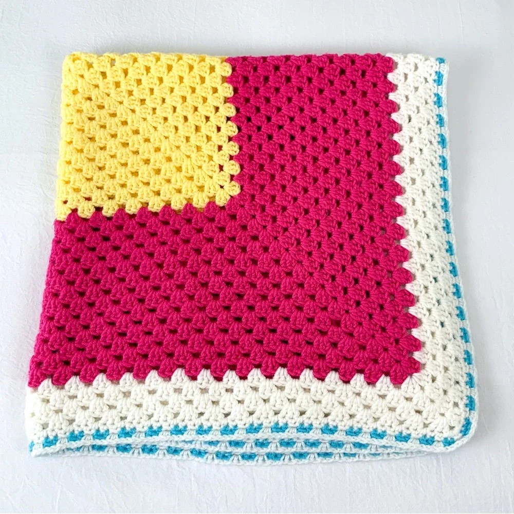 Crochet small blanket handmade throw baby blanket in pink, yellow, white & blue